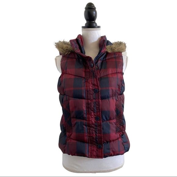Arizona Jean Company Jackets & Blazers - Arizona Jean Co. Buffalo Plaid Faux Fur Hooded Puffer Vest Blue & Red Sz Medium